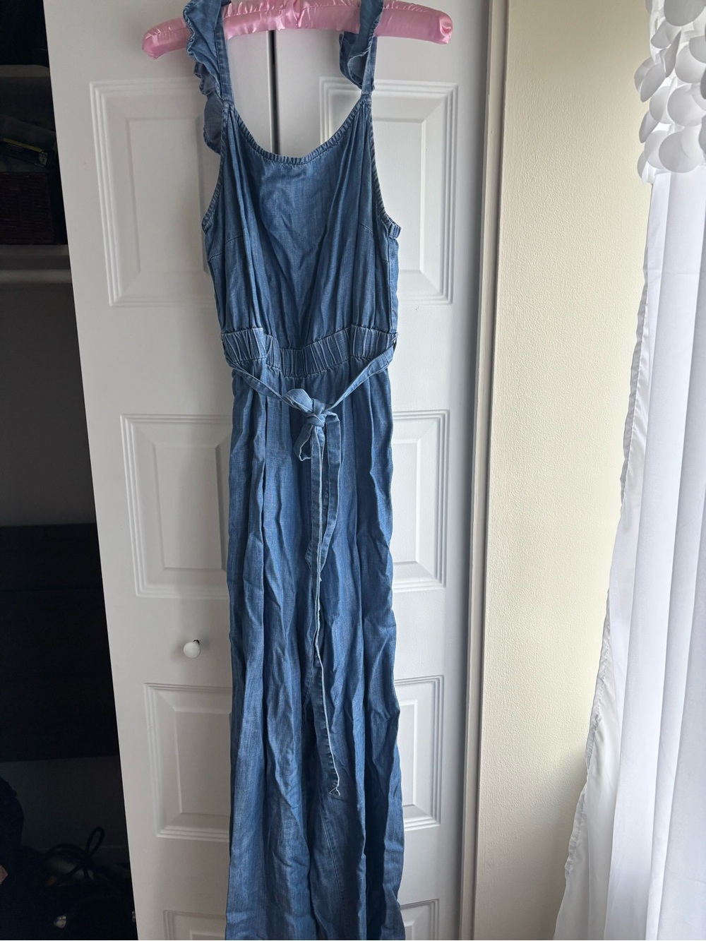 Blue Rain Sleeveless Denim-Style Jumpsuit in Blue with Tie Waist